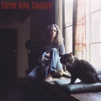 Tapestry album cover showing Carole sitting on a windowsill with a cat in the foreground