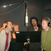 Recording vocals with Gary Burr, Mark Hudson and Paul Brady. Photo by Rudy Guess