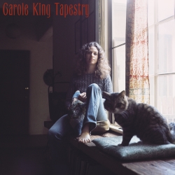 Tapestry album cover showing Carole sitting on a windowsill with a cat in the foreground
